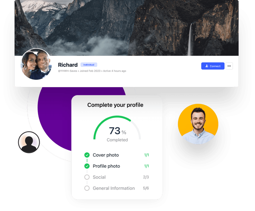 Profile picture with mountain background and small circular photo of couple. Profile completion indicator and two small icons.